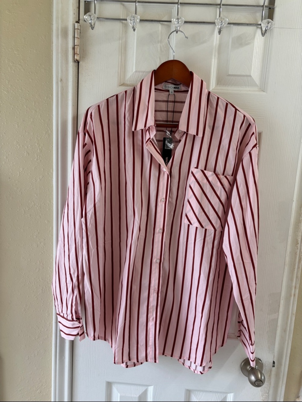 Fashion Nova 100% cotton 
Pink and Burgundy Striped Shirt. NWT